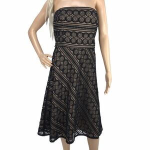 #8 Ann Taylor Black Nude Embroidered Lace A-Line Strapless Mini Party Dress Sz 8